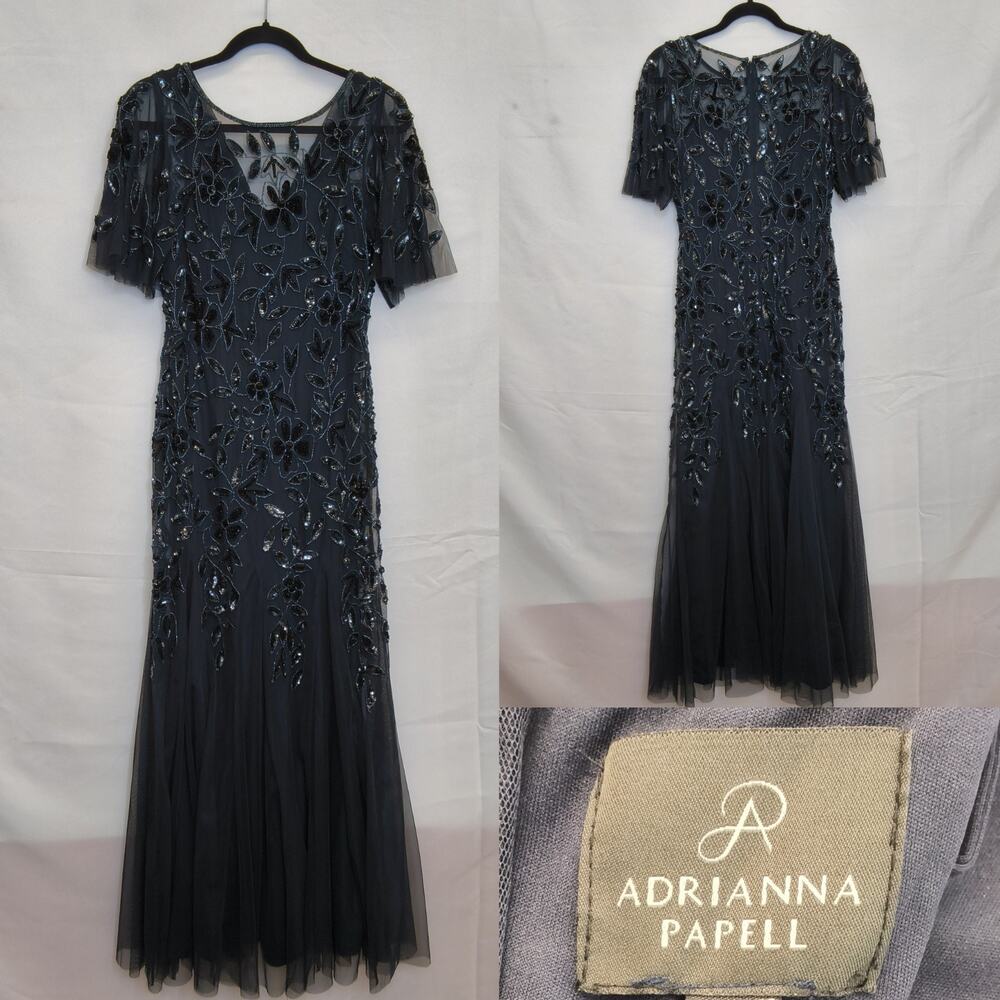 Adrianna Papell Gown Women's Size 8 Navy Blue Formal Long Beaded/Sequins #W4868